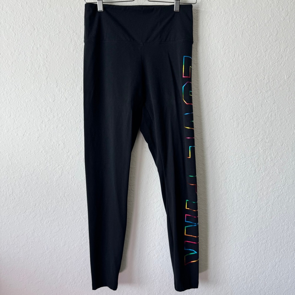 PINK Victoria's Secret Womens L Black Rainbow Foil Logo Leggings High Waist